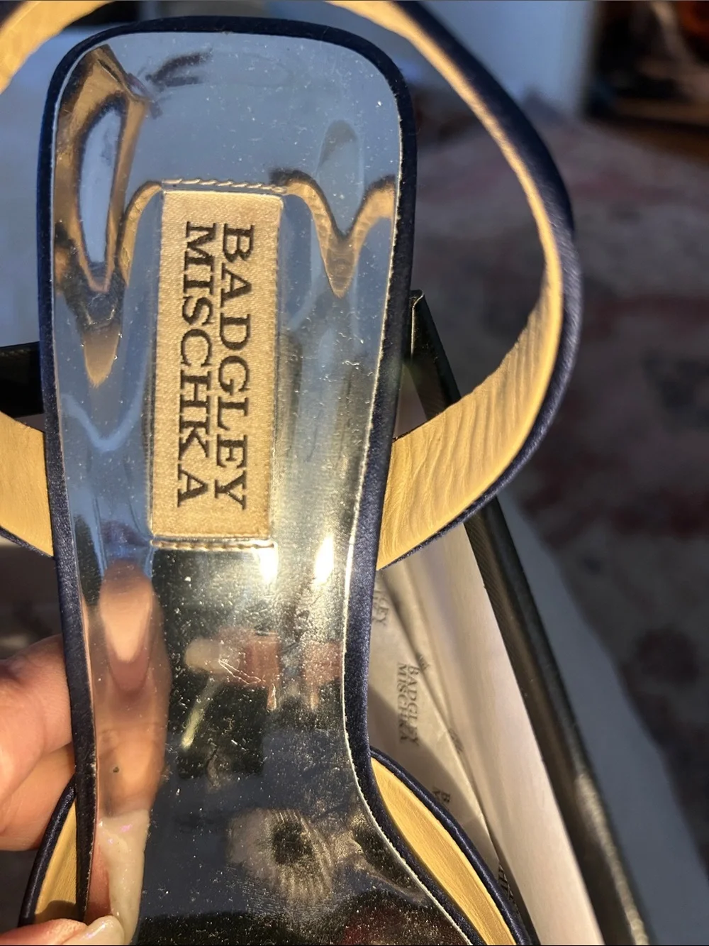 Badgley Mischka Navy Satin Crystal Buckle Slingback Heels